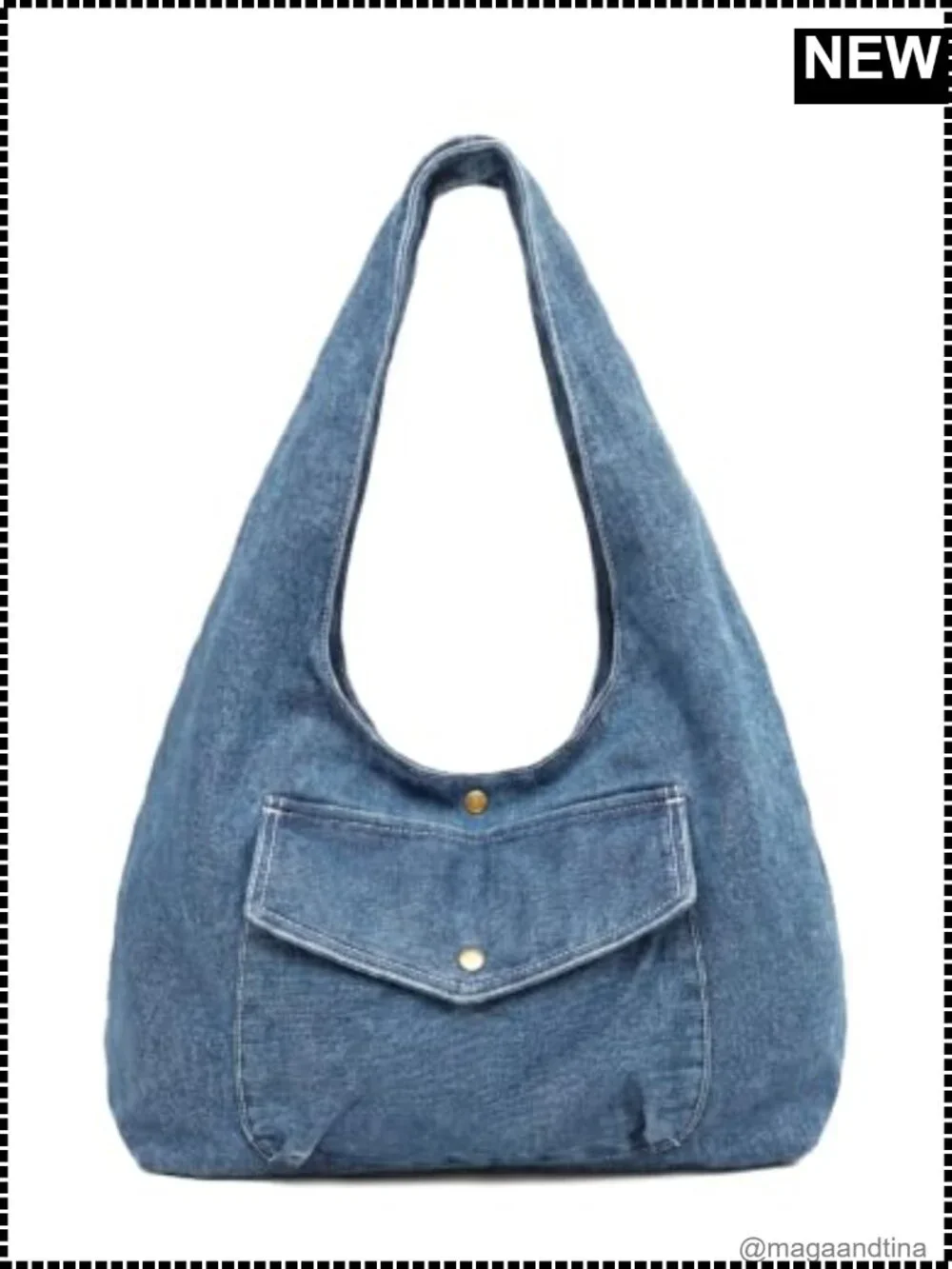 Denim Hobo Bag Large Capacity Reversible Tote Wide Strap Shoulder Purse
